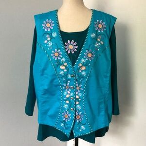 NWT BOB MACKIE WEARABLE ART 3X 2 PIECE SET GREEN TOP TURQUOISE VEST EMBR…